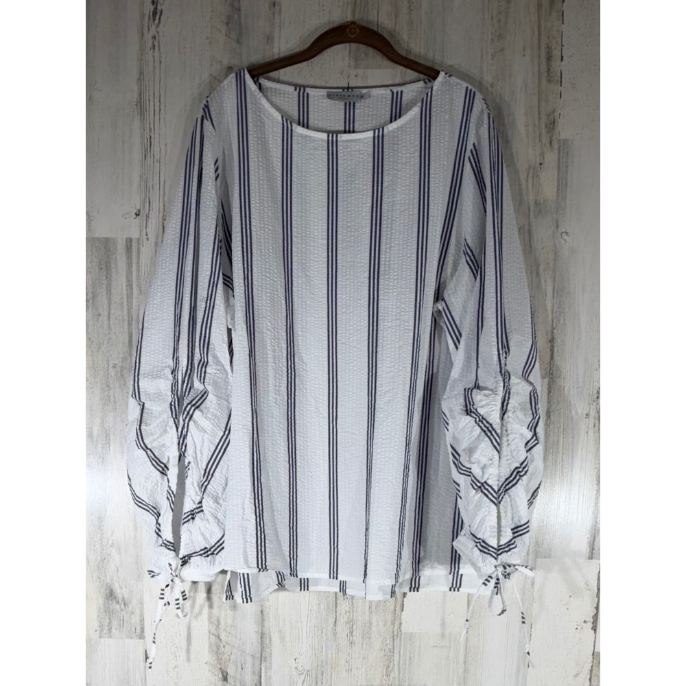 Harshman Blouse Top 2X White Navy Stripe Textured‎ Seersucker Cotton Tie Sleeves